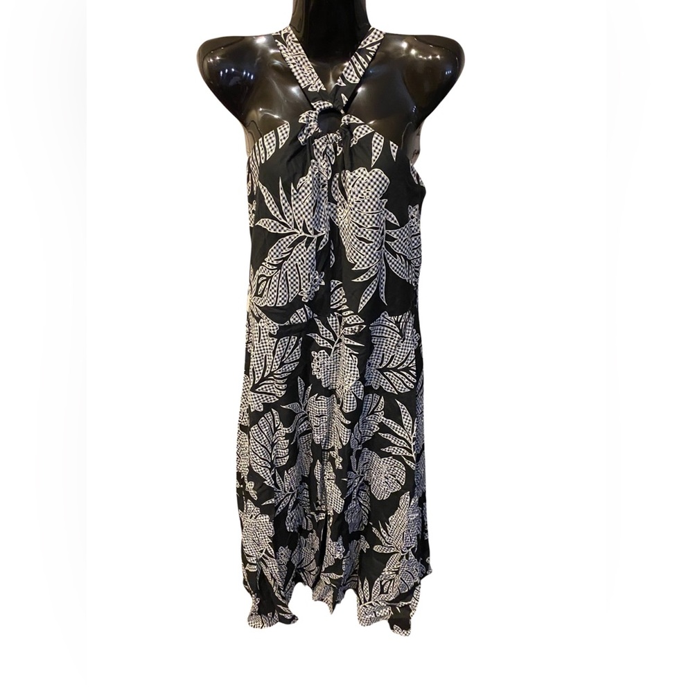Roz & Ali Sz 10 Leaf Print on Black Halter O-Ring Below Knee Summer Dress